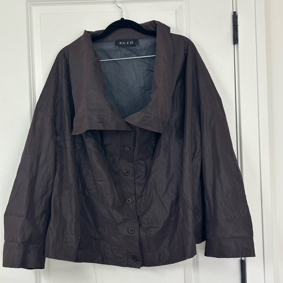 OZAI N KU sz 3XL 3X Brown Coated Crinkle Funnel Neck Jacket Top  Lagenlook - Picture 1 of 8